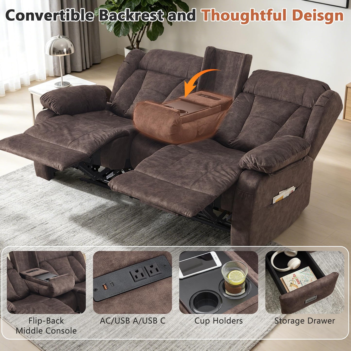 AHMED Loveseat Recliner Sofa with Console, Manual Reclining Loveseat RV Couch with Cup Holders/Side Pocket/Padded Armrest Cushion for Living Room, Velvet, Brown