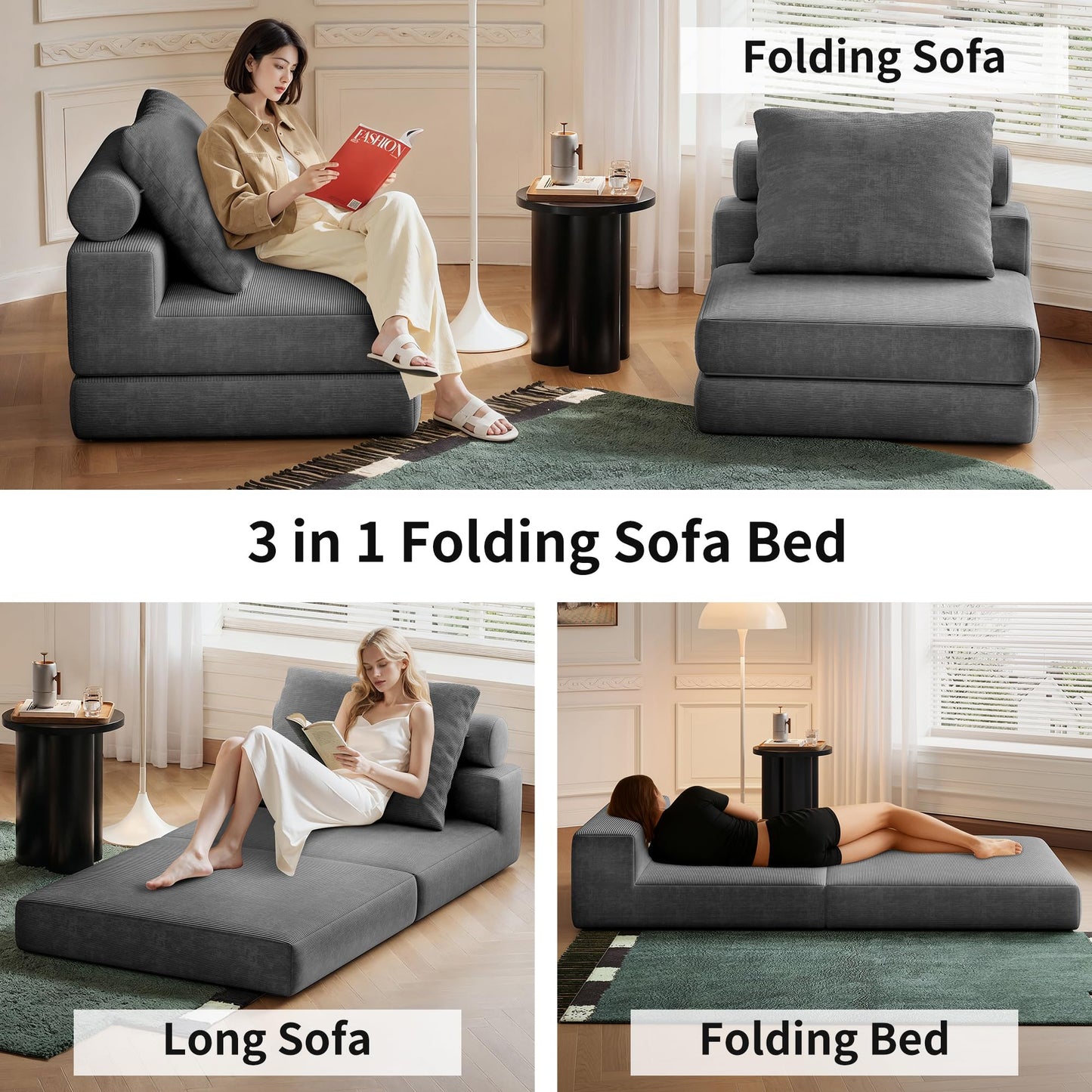 Lumbershed Folding Sofa Bed, 3-in-1 Convertible Sleeper Chair Bed with Pillows, Foldable Floor Couch with High-Density Foam, Futon Small Boneless Couch for Living Room Bedroom Lounge, Single, Gray