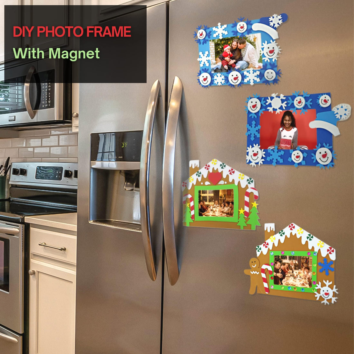 4E's Novelty Foam Gingerbread House Picture Frame Craft (4 Pack) – Self Adhesive Gingerbread House Kit, Christmas Photo Magnet Craft Kits for Kids,DIY Foam Christmas Frames for Kid