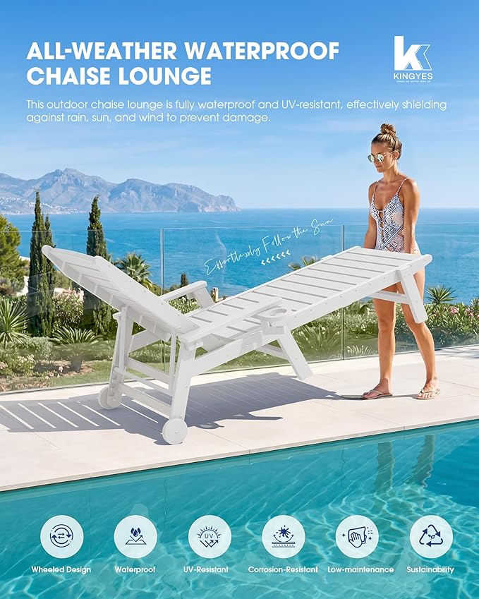 KINGYES HDPE Lounge Chair Outdoor Set of 4, Patio Chaise Lounge Recliner