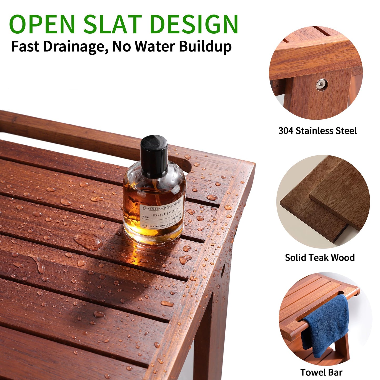 KEGII Teak Shower Stool with Shelf & Towel Bar, Teak Wood Shower Bench for Shaving Legs, 14" Waterproof Bath Seat for Small Bathrooms, Non-Slip Feet (Medium Size)