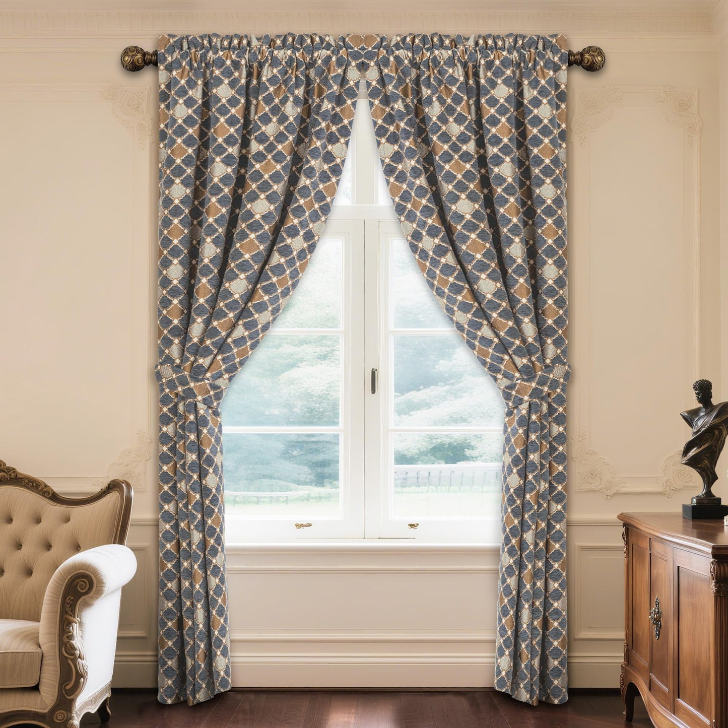 Loom and Mill Elegant Chenille Window Curtain Panels for Bedroom Living Room, Chic Checkered Pattern Jacquard Curtains 84 inches Long with Lining and Matching Tiebacks, Rod Pocket(2 Panels, 52x84)