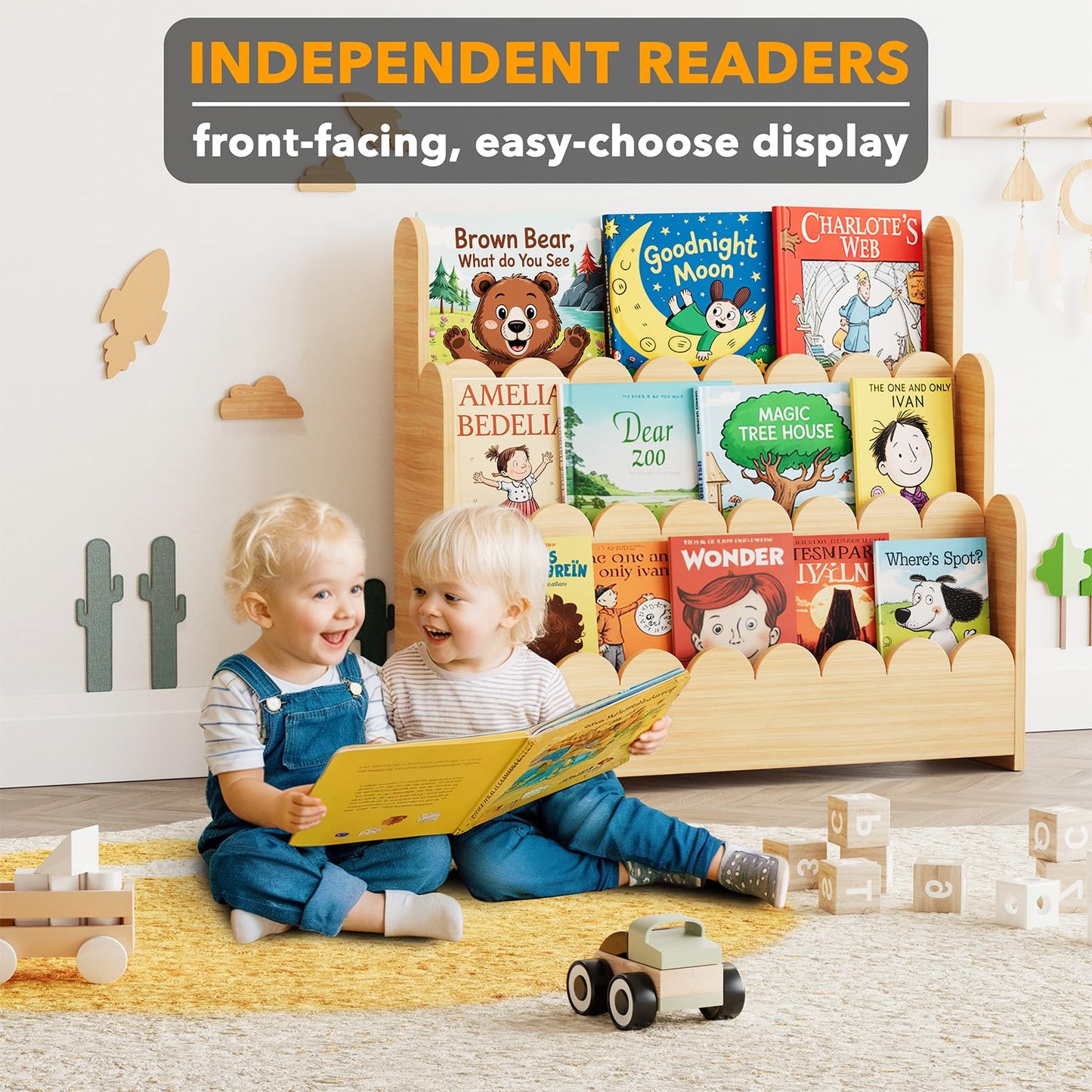SpaceAid 3-Tier Scalloped Bookshelf, Montessori Bookcase for Toddlers, Wooden Book Shelf Organizer Display Furniture for Kids Rooms, Playroom, Nursery and Classroom, Natural