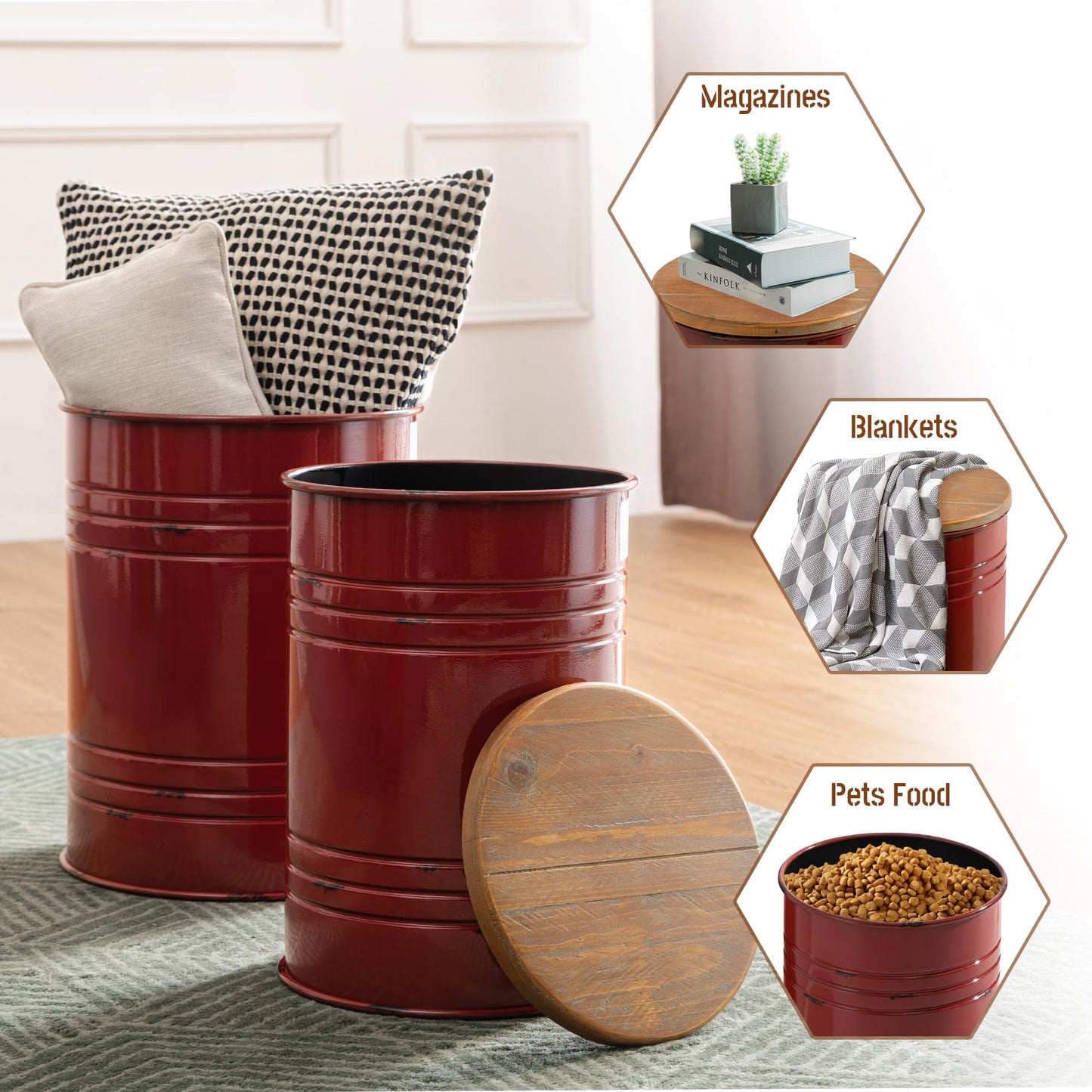Glitzhome Rustic End Table Set of 2, Farmhouse Galvanized Metal Barrel Ottoman Storage Stool with Round Wood Lid for Living Room Furniture, Red