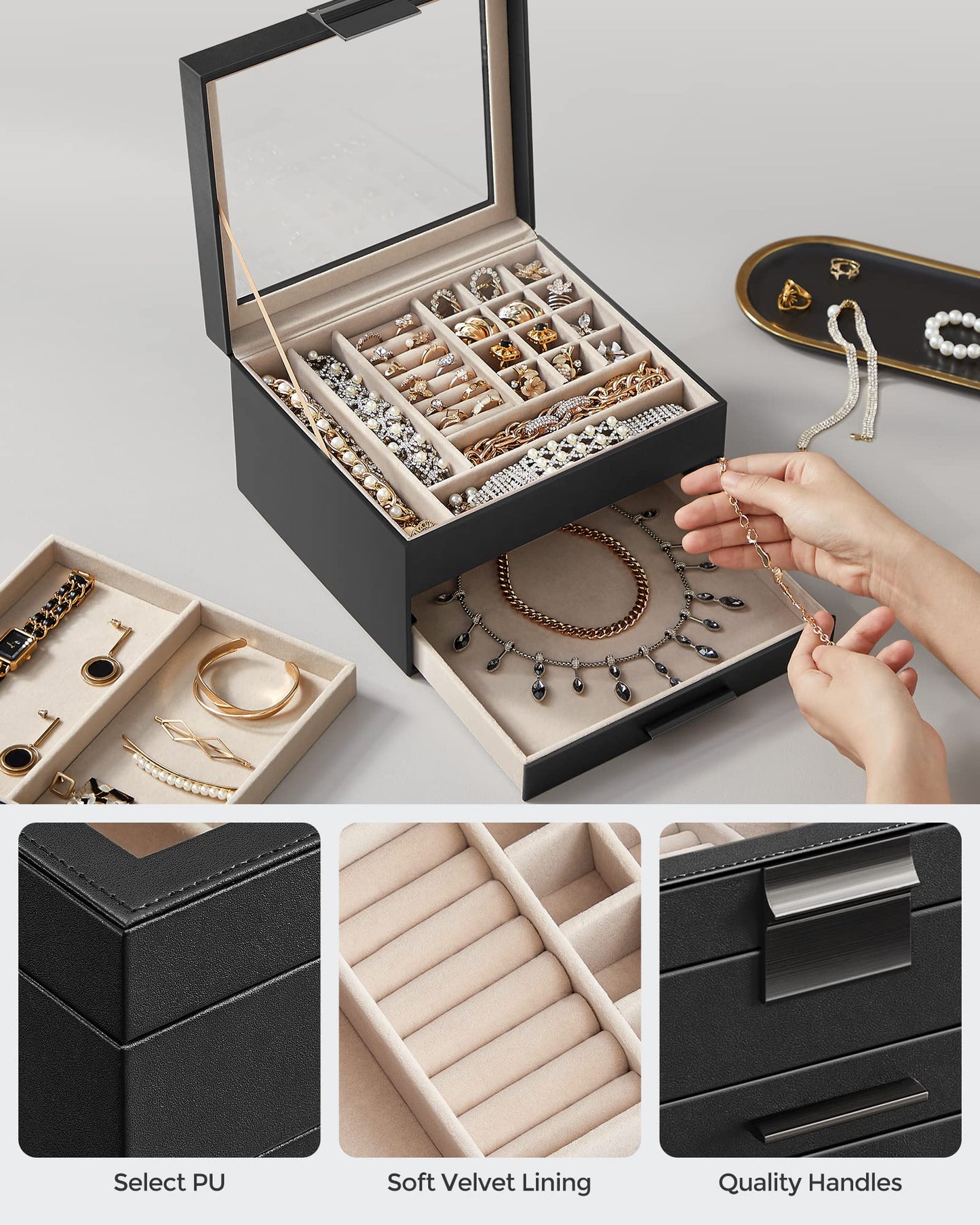 SONGMICS GISELLA Collection - Jewelry Box Organizer, 3-Layer Jewelry Storage with 2 Drawers, Shiny Metal Hardware, Glass Lid, Modern, 8 x 9.1 x 5.3 Inches, Graphite Black and Silver UJBC239BK