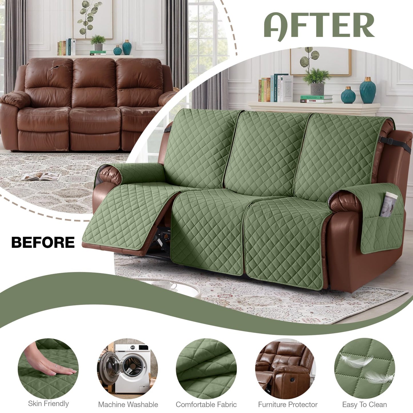 KinCam Waterproof Recliner Sofa Cover, Non-Slip Reclining Couch Covers for 3 Seat, Recliner Couch Cover Furniture Protector with Elastic Straps for Pets, Kids, Cactus Green