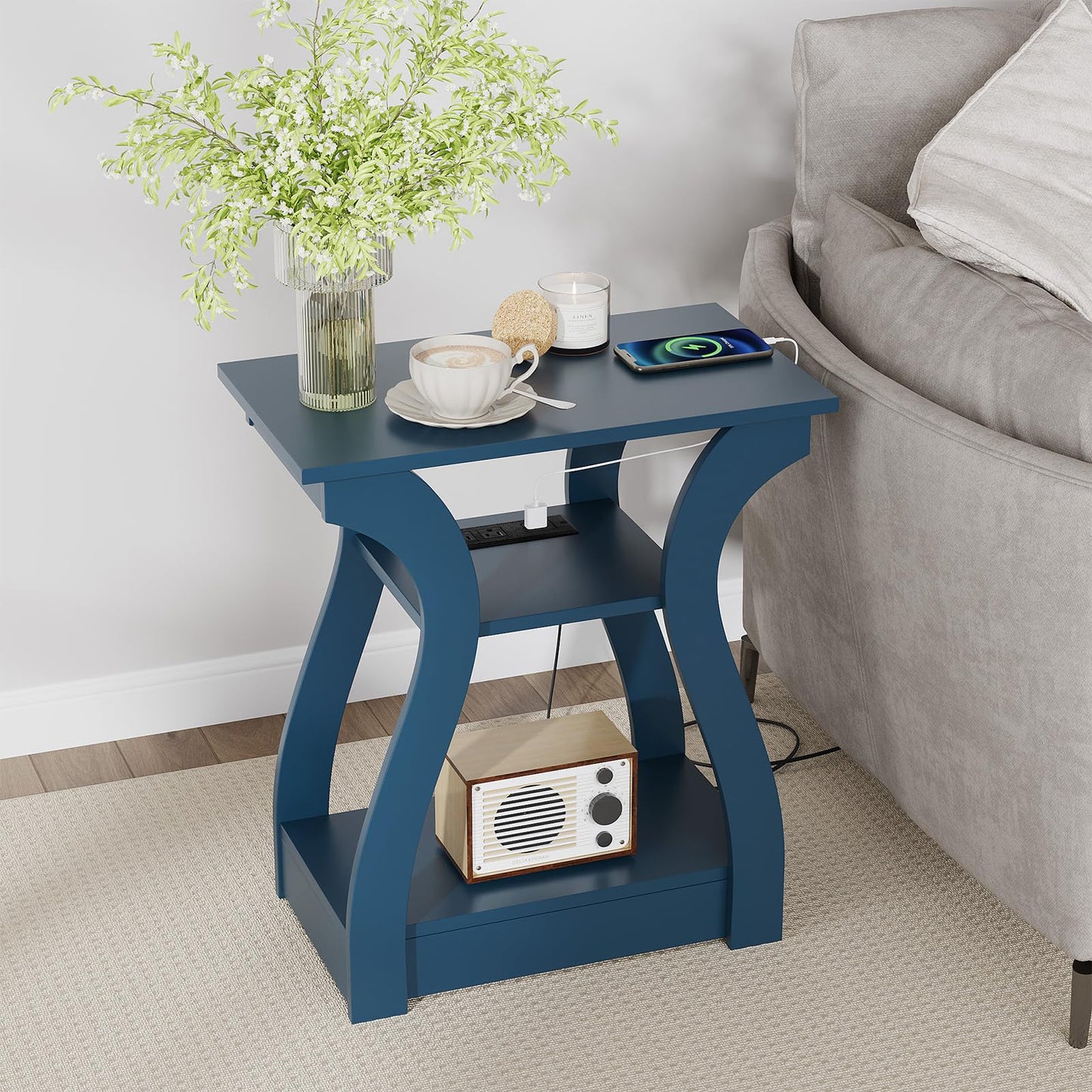 FROMJBEST End Tables Living Room, End Table end Table with Charging Station and USB,Navy Blue Side Table, Nightstand for Bedroom,3 Tier End Table with Storage Shelf for Living Room