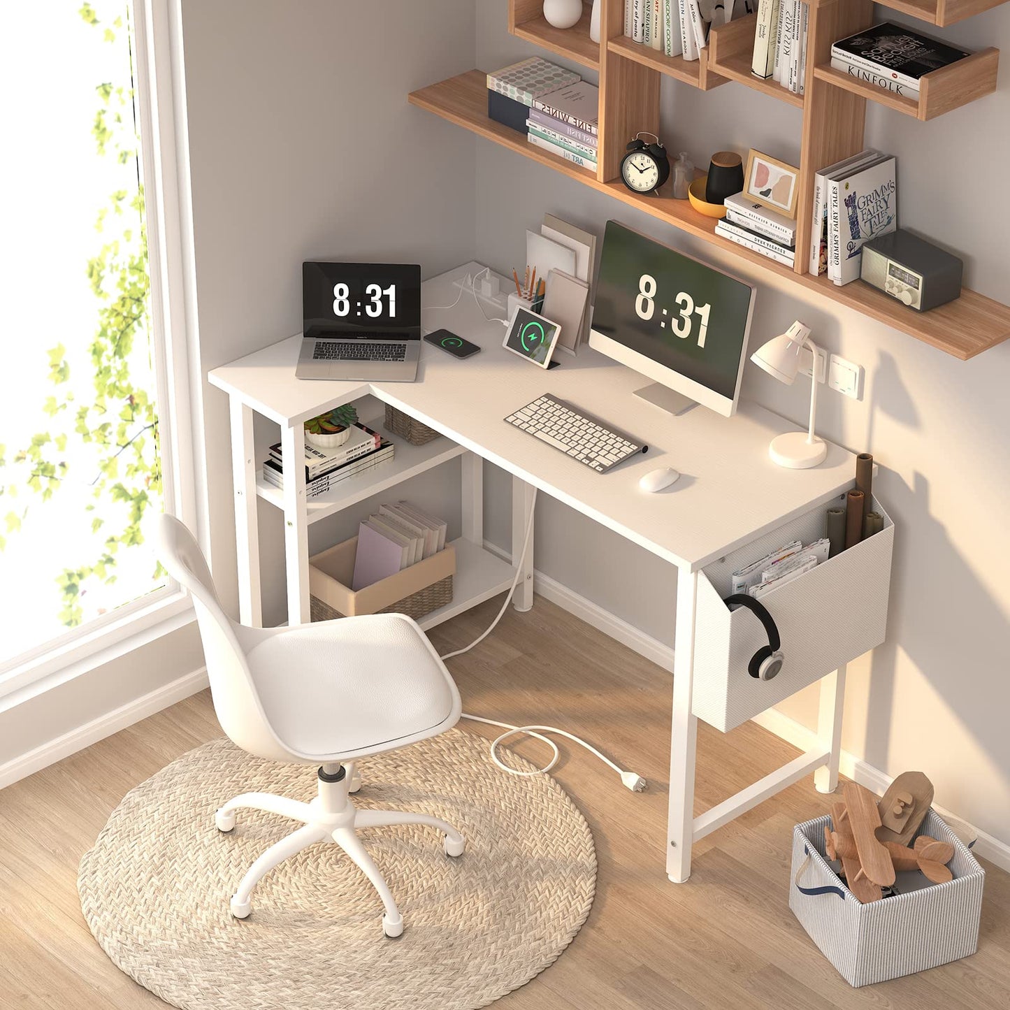 Lufeiya White L Shaped Computer Desk with Power Outlet Shelves, 40 Inch Small Reversible Corner Desk for Small Space Home Office, L-Shaped Desk PC Desks, White