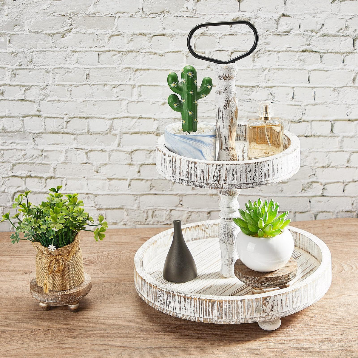 Yalikop Set of 2 Mini Wood Risers for Decor Round Wooden Riser Small Wooden Stool Display Stand Farmhouse Rustic Wood Pedestal for Plant Pot Tiered Tray Decor Cake Food Collection Display(Brown)