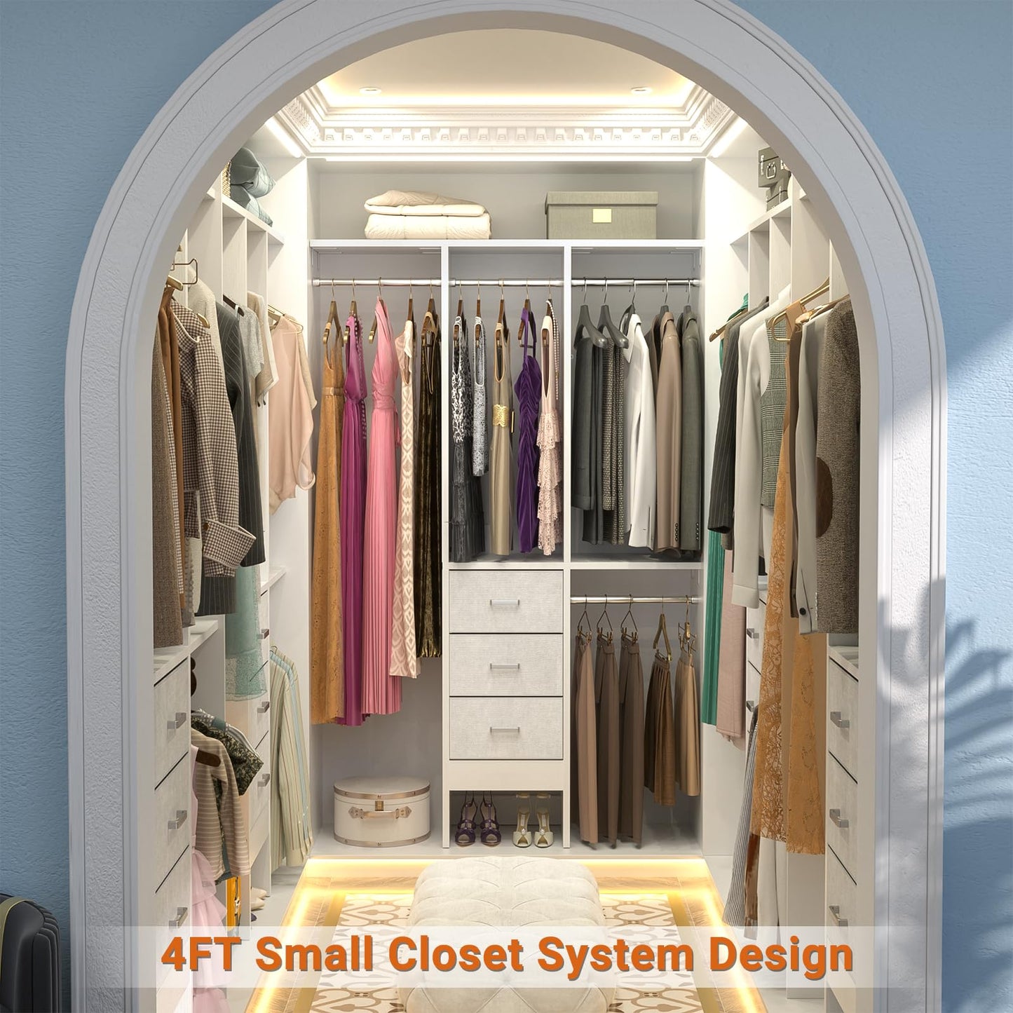 Besiost 4FT Small Closet System with 3 Fabric Drawers, 48'' Closet Organizer System With 3 Adjustable Shelves, Flexible Built-In Clothes Garment Rack for Small Space, 48" L x 13" W x 71" H, White