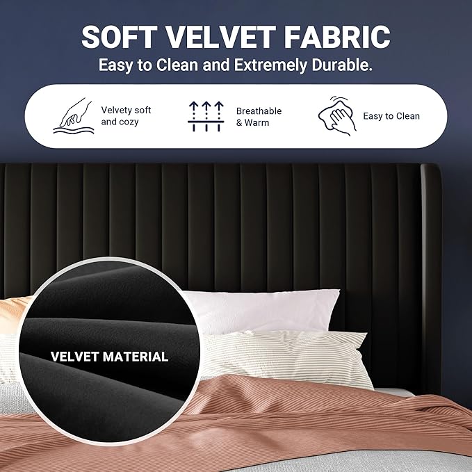 Allewie King Size Velvet Bed Frame/Vertical Channel Tufted Wingback