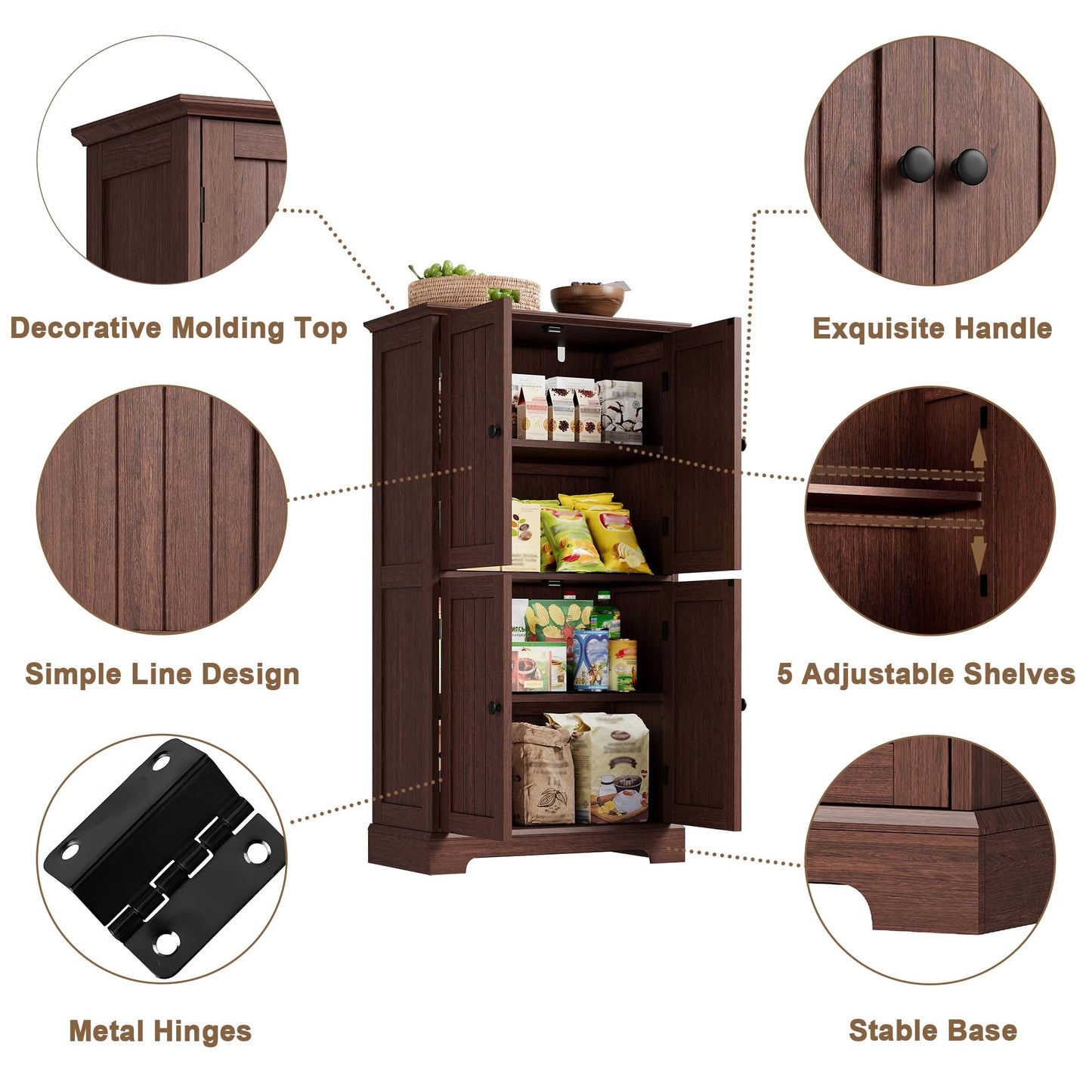 ChooChoo Bathroom Floor Cabinet, Farmhouse Bathroom Storage Cabinet with 4 Doors and Adjustable Shelves, Pantry Cabinet for Living Room, Kitchen, Walnut