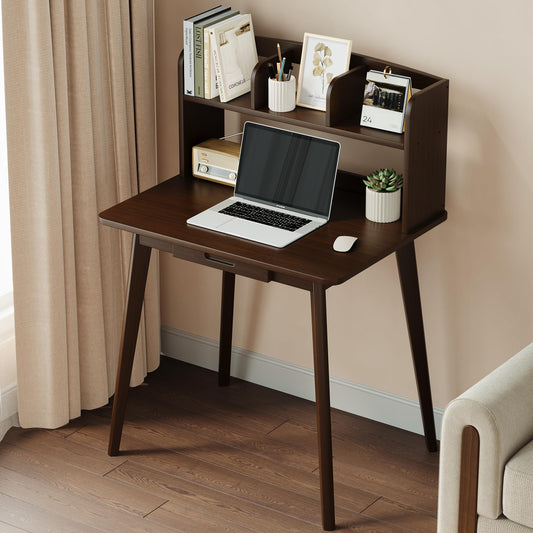 IOTXY Small Writing Desk with Hutch - 31.5" Work Computer Study Table with Drawer for Home and Office, Black Walnut