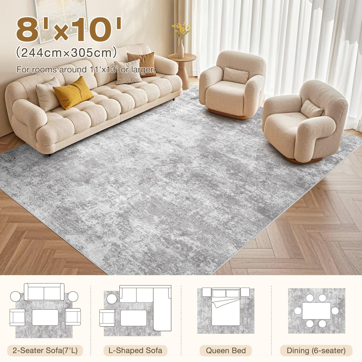 Micgeek Area Rug Living Room - 8X10 Abstract Washable Large Soft Foldable Non Slip Rug Neutral Modern Low Pile Carpet for Bedroom Nursery Dining Room Farmhouse Home Office Indoor - Light Grey