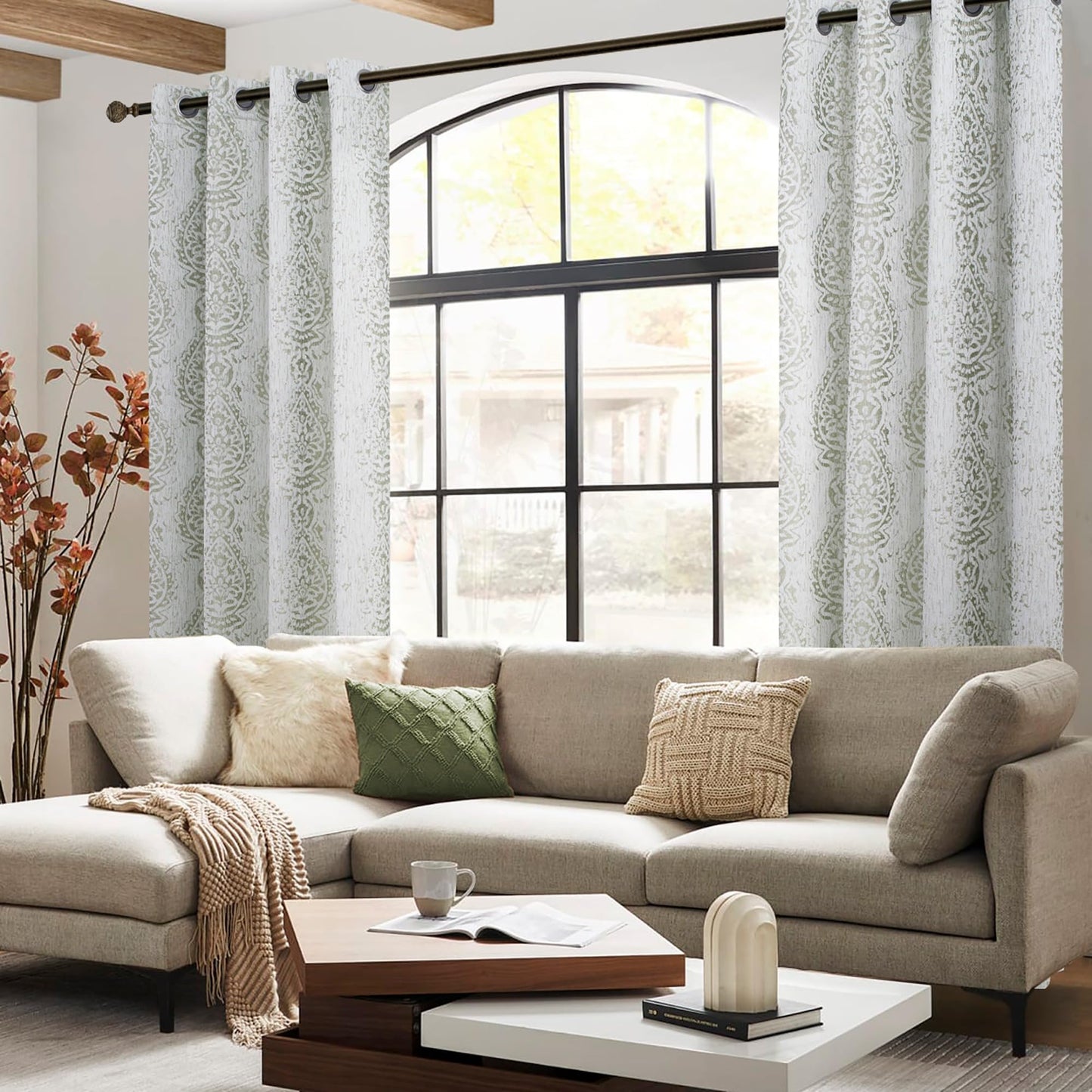 Mrs.Naturall Sage Green 52x45 Inch Curtains Medallion Pattern Room Darkening Window for Kitchen Bedroom