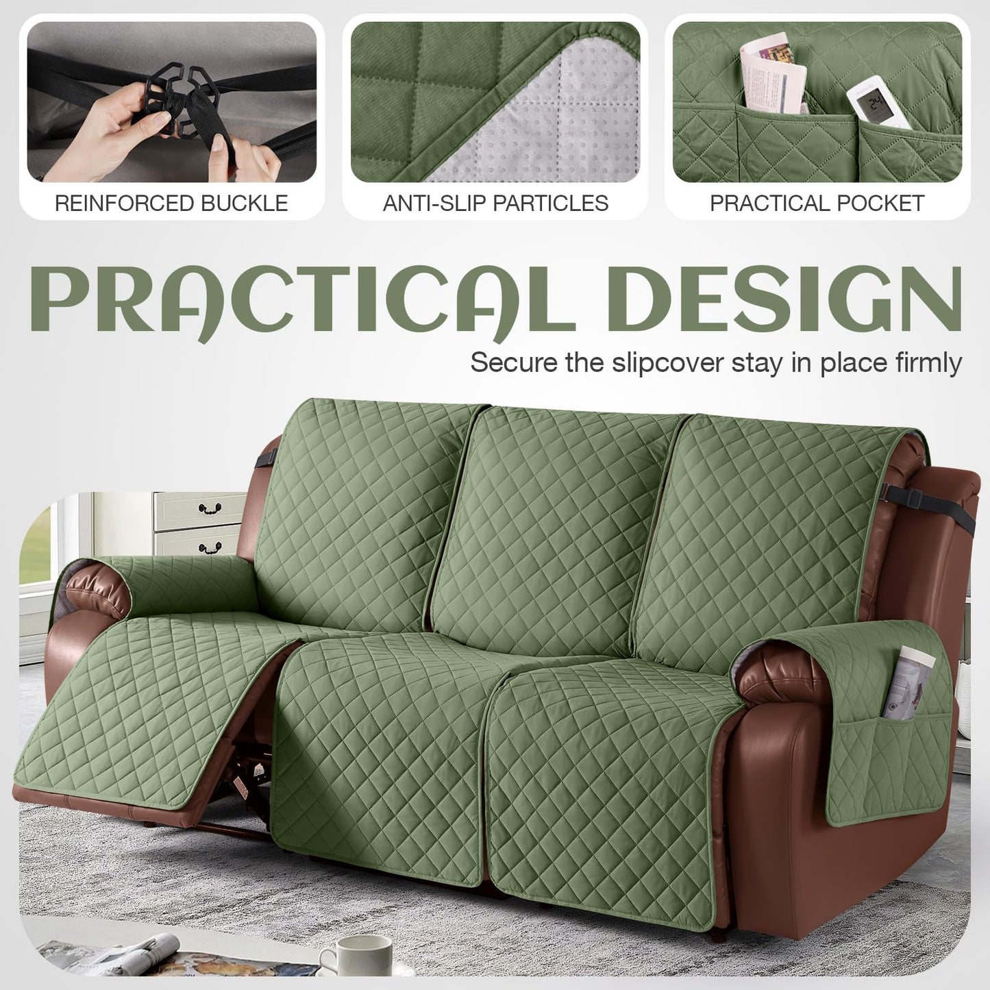 KinCam Waterproof Recliner Sofa Cover, Non-Slip Reclining Couch Covers for 3 Seat, Recliner Couch Cover Furniture Protector with Elastic Straps for Pets, Kids, Cactus Green