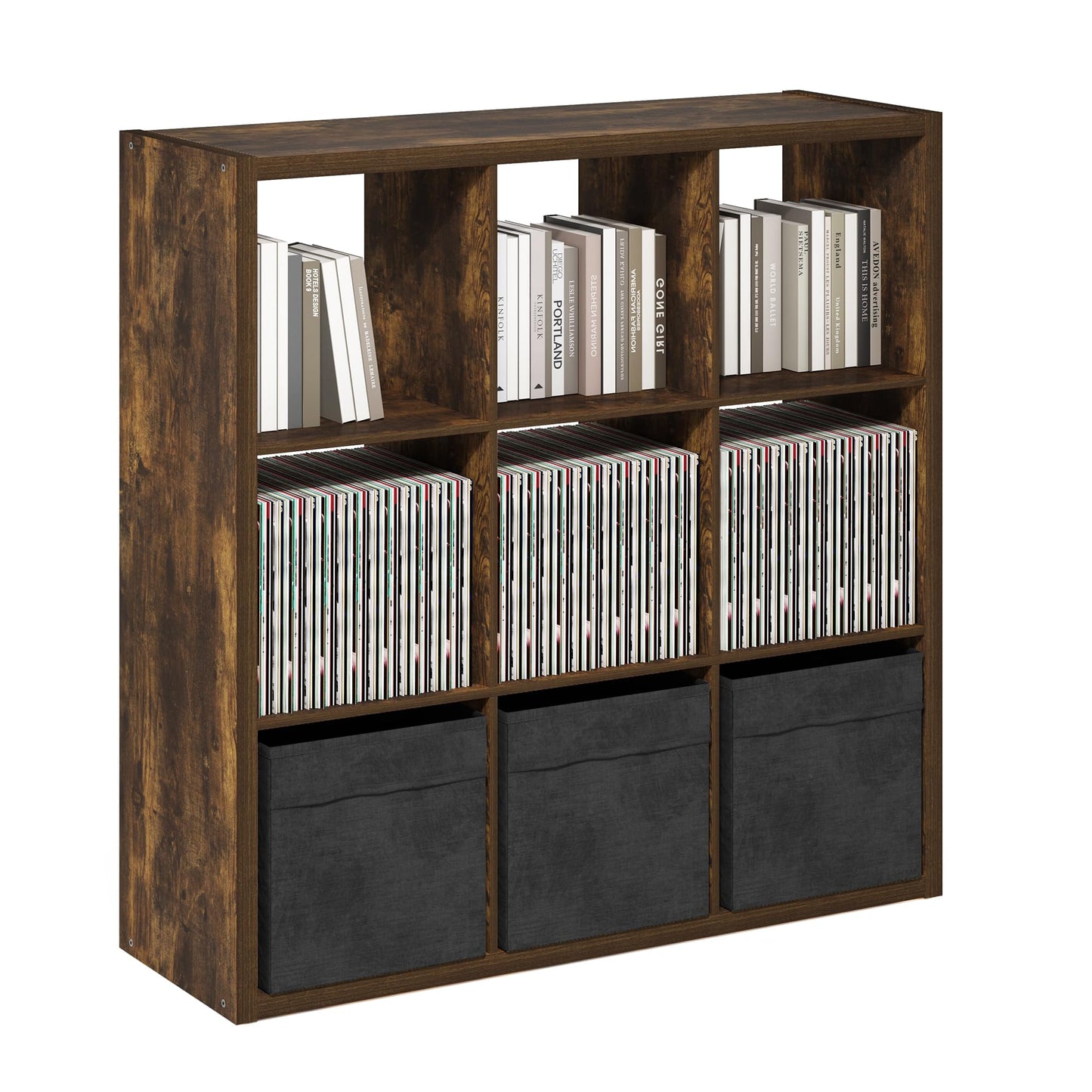 Furinno Cubicle Book Shelf, 9-Cube Bookshelf, Extra Thick Frame Reversible Bookcase with Open Back, 14.6" x 44" x 44", for Living Room, Bedroom, Home Office, Amber Pine