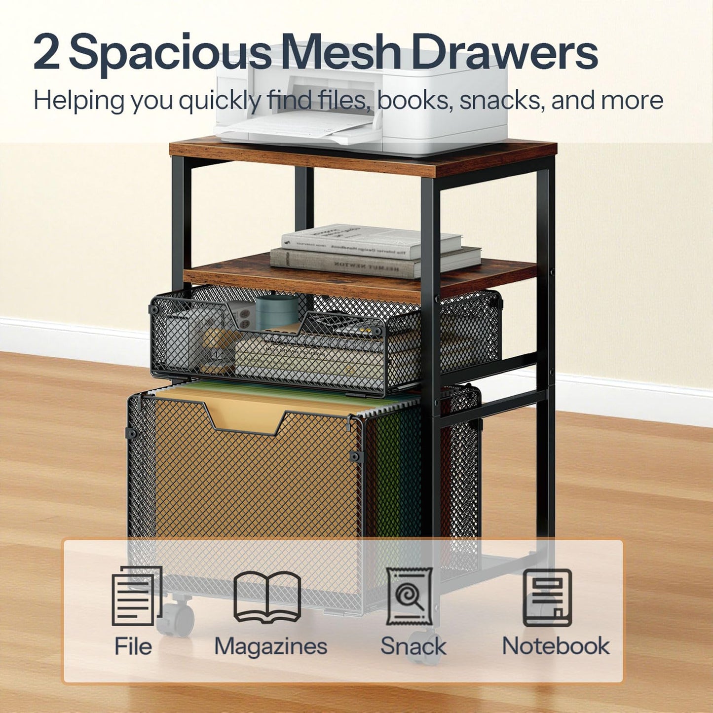 HOOBRO Rolling File Cart with 2 Storage Drawers, Under Desk Mobile Filing Cabinet on Wheels for Home Office, Hanging Folder Holder Utility Cart Printer Stand, Rustic Brown BF39WJ01