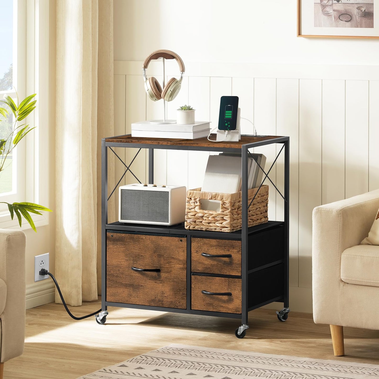 MAHANCRIS File Cabinet with Charging Station, 3 Drawer Lateral Filing Cabinet for Home Office, Mobile Printer Stand with Open Shelf, Fits A4/Letter Size File, Nonwovens Drawer, Rustic Brown FCHR98E01