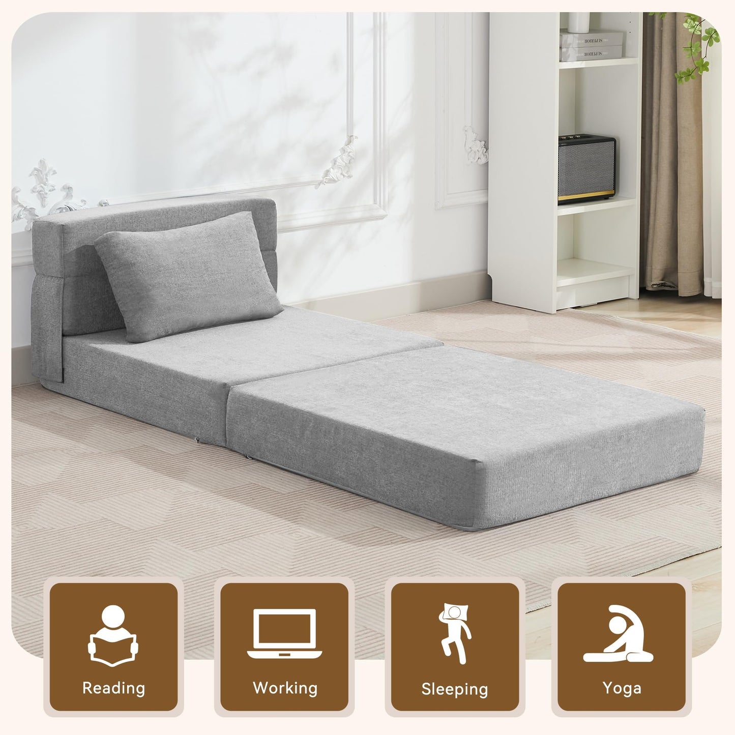 WUTUTUEE Folding Sofa Bed Convertible Floor Couch Foldable Chair Bed with Pillow，Linen Sleeper Chair Futon,Foldable Memory Foam Mattress for Bedroom/Living Room/Dorm/Office (Light Grey, Single)
