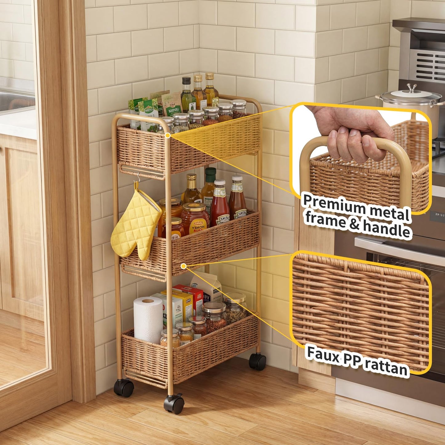 FOCHIER F Utility Slim Storage Cart,3-Tier Rolling Kitchen Office Laundry Room Cart,Mobile Shelving Unit Organizer for Living Room Bathroom Baby Diaper Narrow Places (Natural, 3 Tiers-7.1 inch (W))