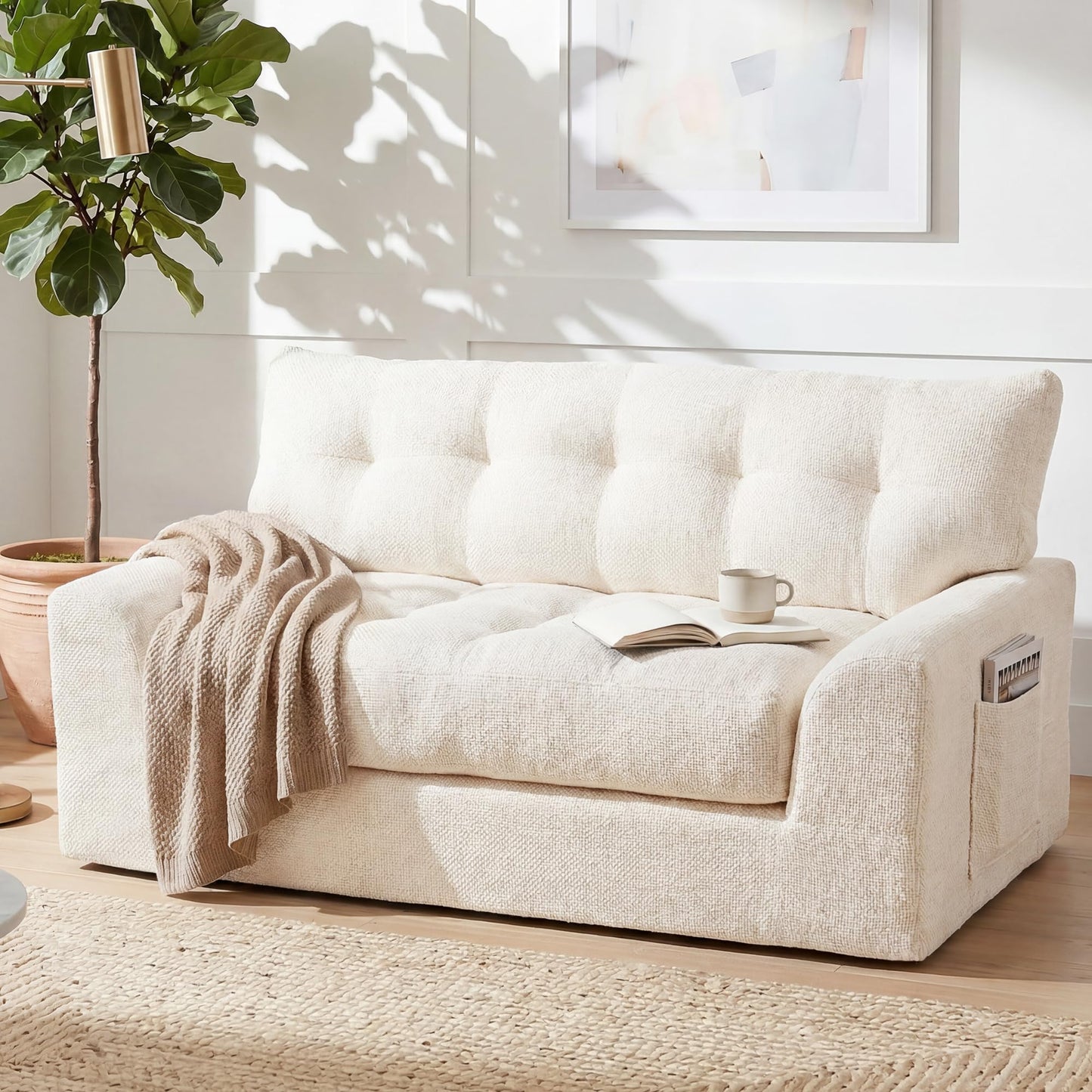 MONVANE 55.5" Convertible Loveseat Sofa Bed, 2-in-1 Boneless Sleeper Sofa Couch with Storage Pocket, Comfy Chenille Deep Seat Couch for Living Room, No Assembly Required, Beige