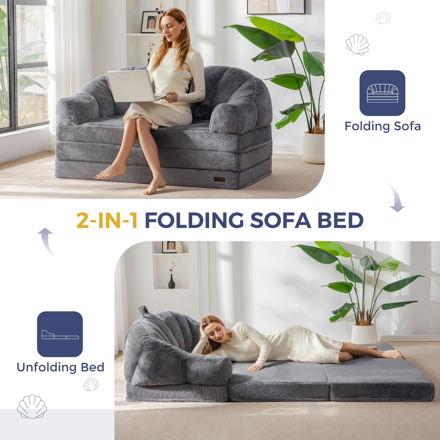MAXYOYO Folding Sofa Bed, 2 in 1 Convertible Sofa to Lounger Comfy Loveseat Bean Bag Chair for Adults, Floor Couch with Handle, Faux Fur Couch Bed for Living Room Bedroom, Grey, Loveseat