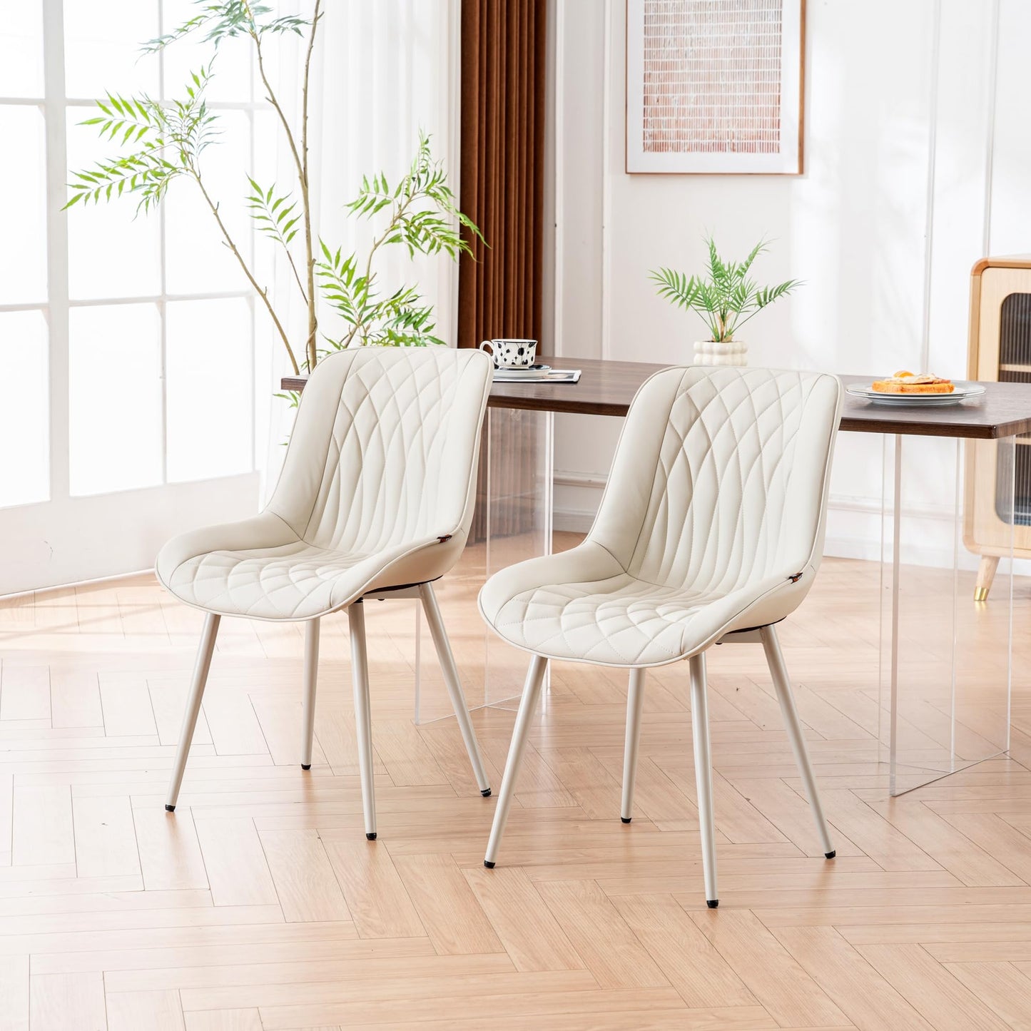 YOUNIKE Cream Faux Leather Dining Chairs Set of 2 Mid-Century Modern High Padded Back Comfy Upholstered Kitchen Chairs with Metal Legs Wide Seat Accent Side Chair for Dining/Living/Waiting Room