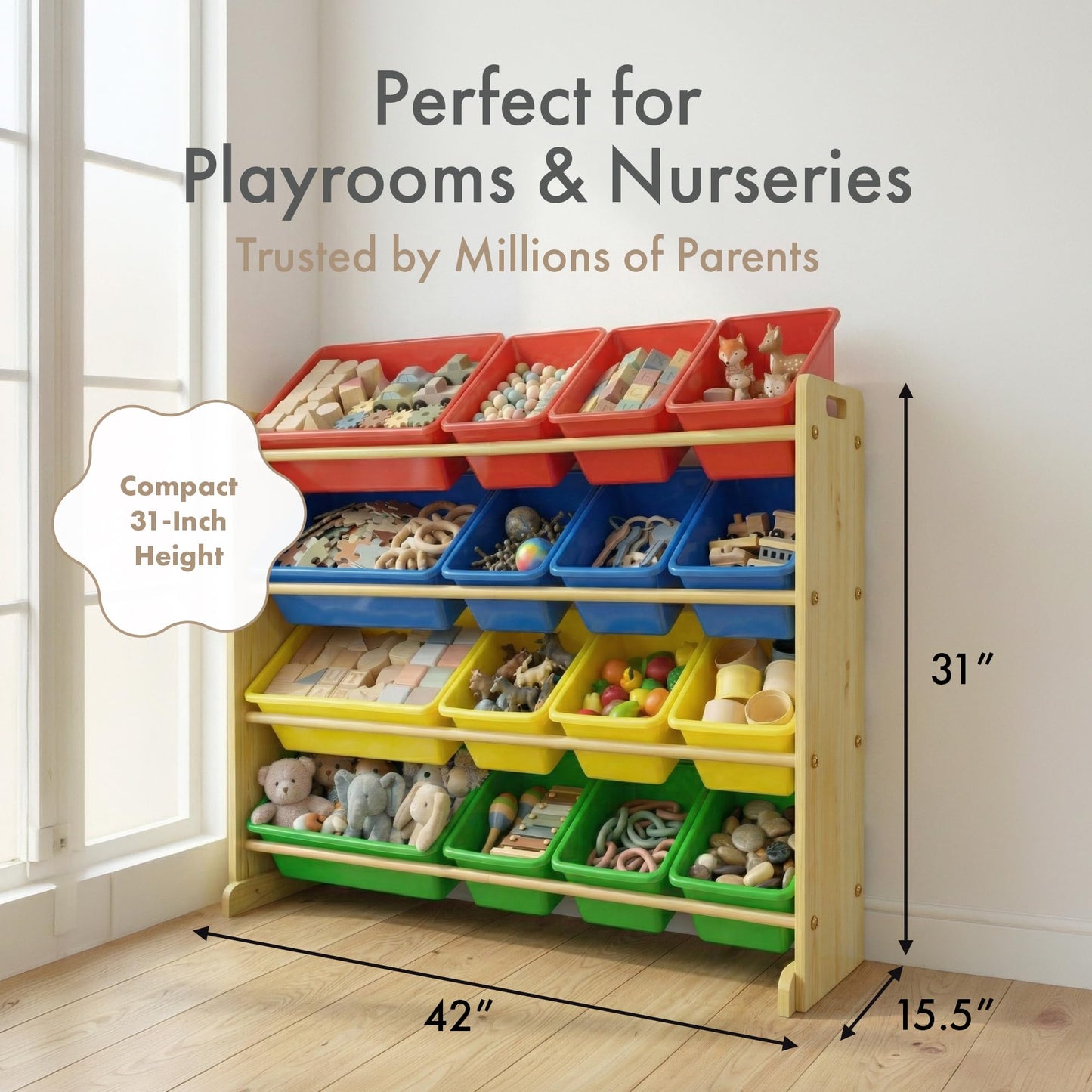Humble Crew Toy Storage Organizer with 16 Removable Storage Bins for Kids Playroom, 4-Tier Toddler Toy Organization, Natural Wood/Primary