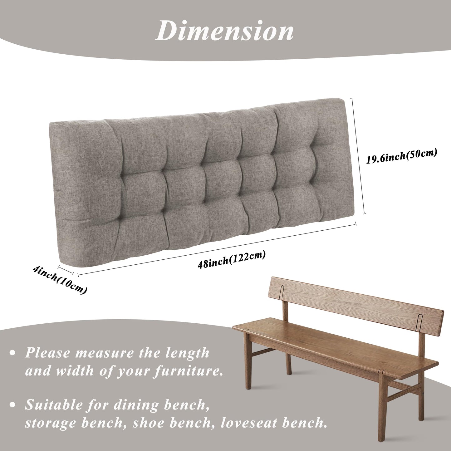 FlyGulls Bench Cushion for Indoor Furniture 48x19 inch Rectangle Bench Seat Cushion for Bay Window Entryway Bench Thick Textured Chair Cushion with Non-Slip Backing 1 Pack, Light Grey
