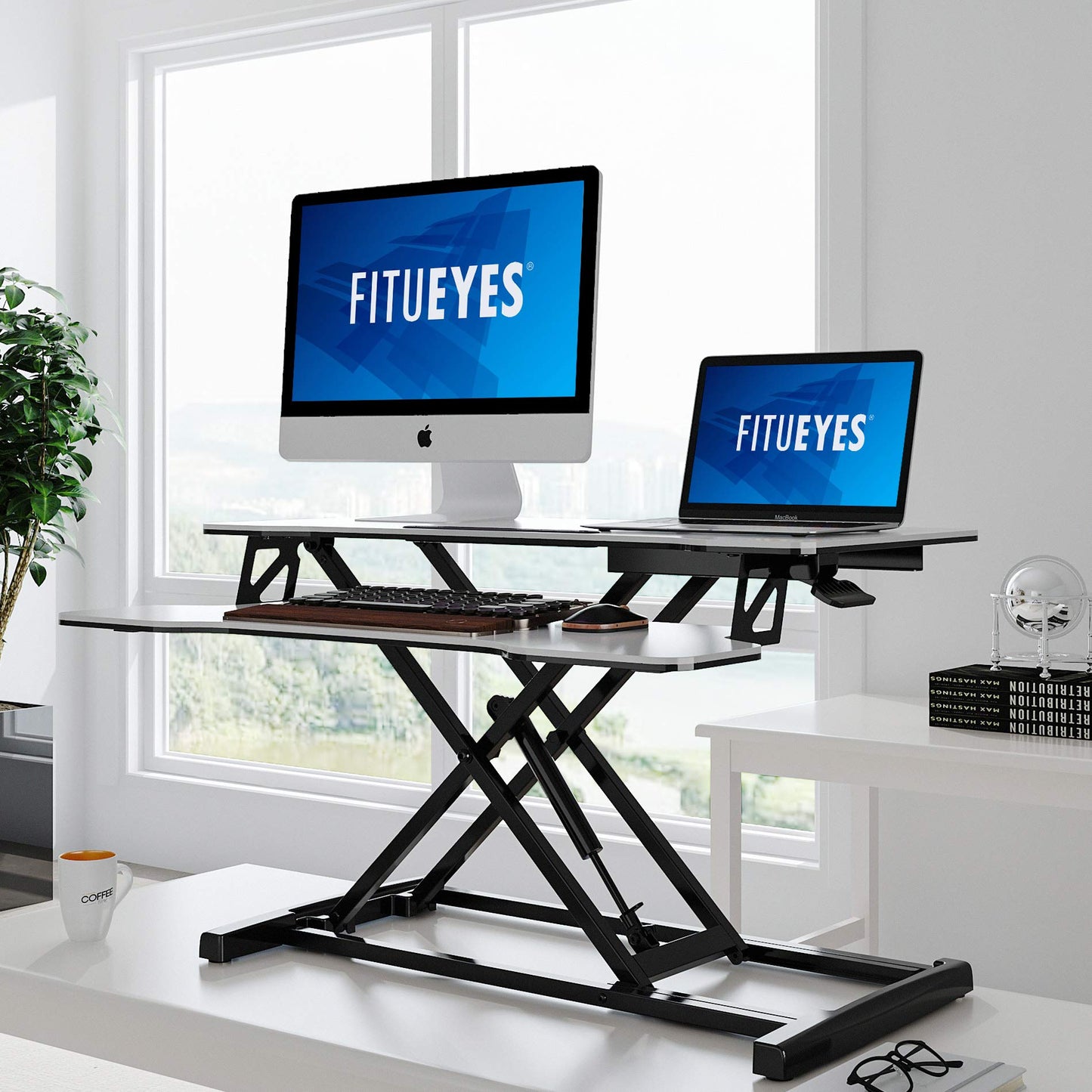 FITUEYES Height Adjustable Standing Desk 32” Wide Sit to Stand Converter Stand Up Desk Tabletop Workstation for Laptops Dual Monitor Riser White SD308003WW