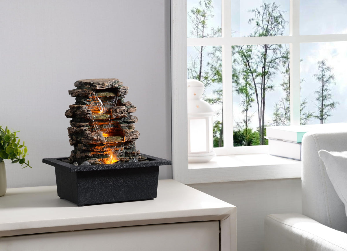 MAOCHI Tabletop Water Fountain, Home Décor Soothing Sound Machine with Automatic Pump, Deep Basin and Natural River Rocks. Indoor Zen Relaxation for Office, Living Room, or Bedroom Décor.