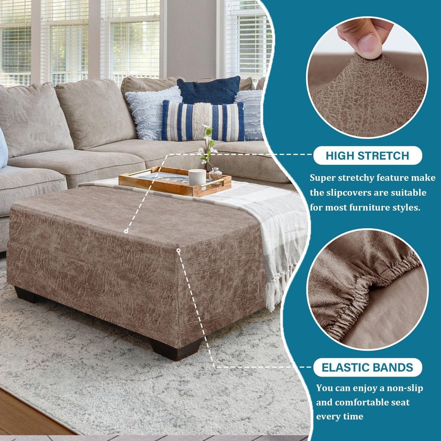 HYGPP Faux Leather Ottoman Cover Rectangle Ottoman Slipcover Waterproof Storage Ottoman Cover Stretch Non Slip Living Room Furniture Protector-Brown-Large(Camel,Large)