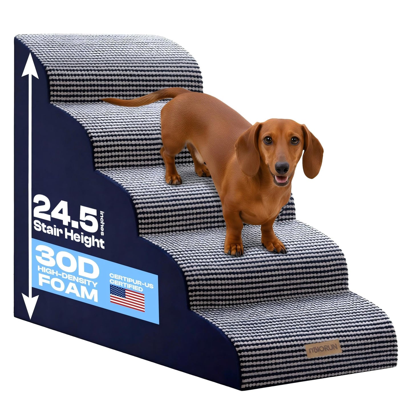 Curved Dog Stairs for High Bed Up to 26", 5-Step Dog Ramp for Small Dogs with Washable Cover, Non-Slip Steps for Cats to Get on Couch and Sofa, Durable Foam Ladder for Medium Breeds, White Navy