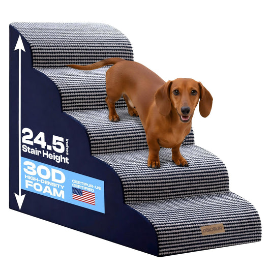 Curved Dog Stairs for High Bed Up to 26", 5-Step Dog Ramp for Small Dogs with Washable Cover, Non-Slip Steps for Cats to Get on Couch and Sofa, Durable Foam Ladder for Medium Breeds, White Navy