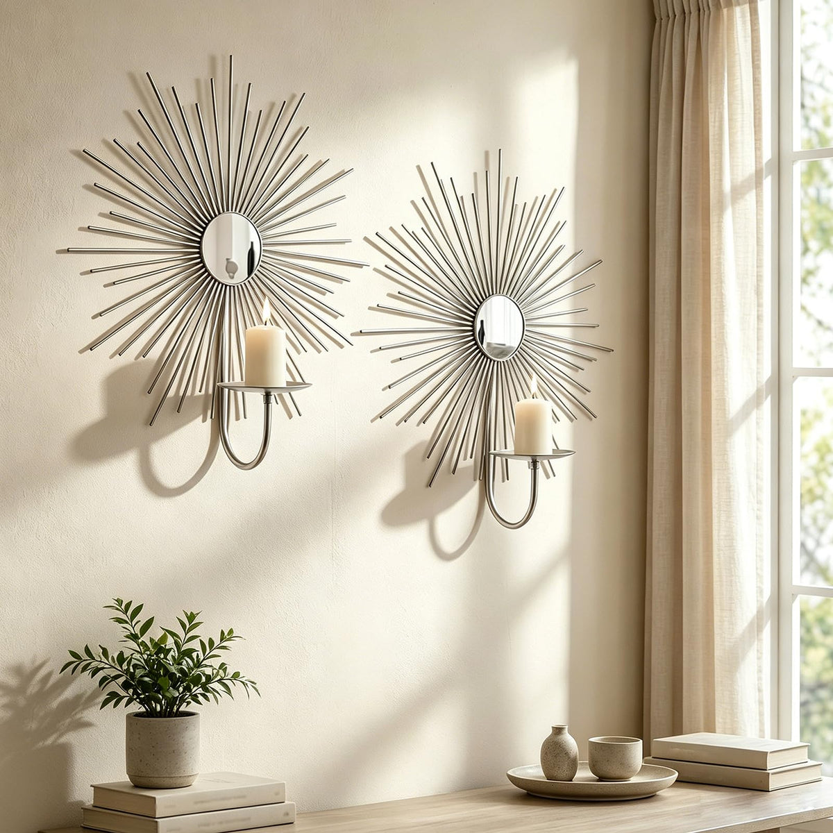 Sxnzequnze 2 Set Candle Sconces Wall Decor for Living Room Metal Sunburst Mirrored Modern Gold Wall-Mounted Candle Holder Sconces Hanging Mounted Fireplace Farmhouse Wedding