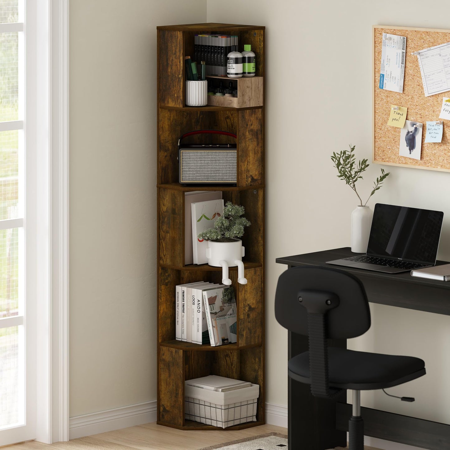 Furinno ECON Corner Shelf, 5-Tier Corner Book Shelf, Standing Storage Shelves, Cube Display Rack, Bookshelf, for Organization and Storage, Living Room, Home Office, Amber Pine