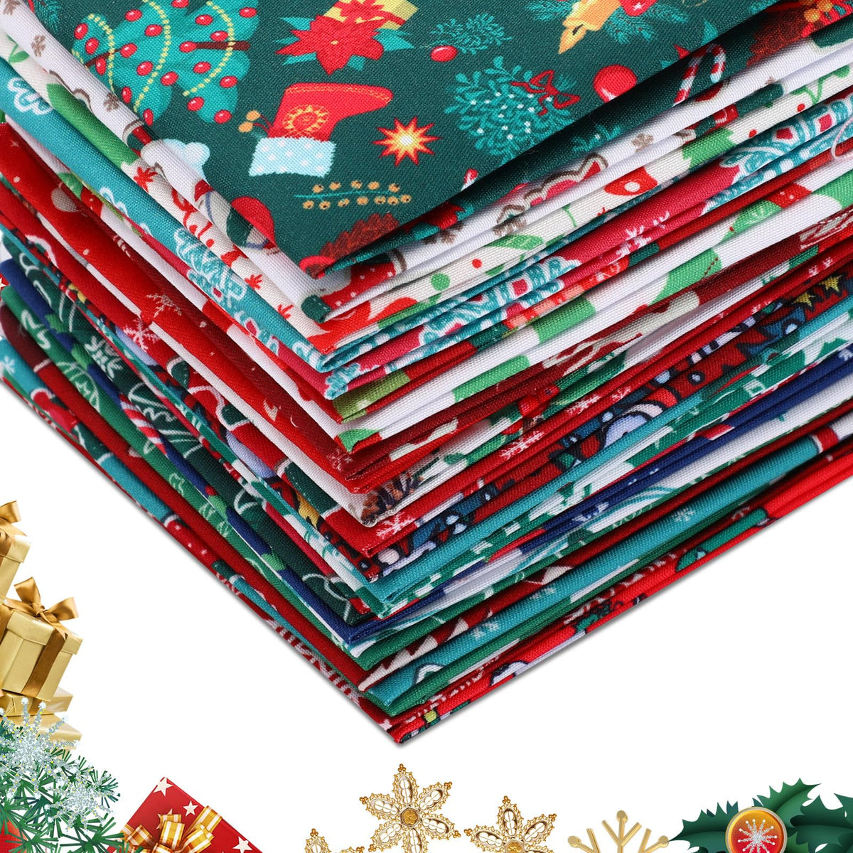Preboun 300 Pcs 5 x 5 Inches Christmas Fabric Square Quilting Fabric Squares Bundle Sewing 25 Different Christmas Patterns Precut Polyester Patchwork for DIY Sewing Crafting Supplies