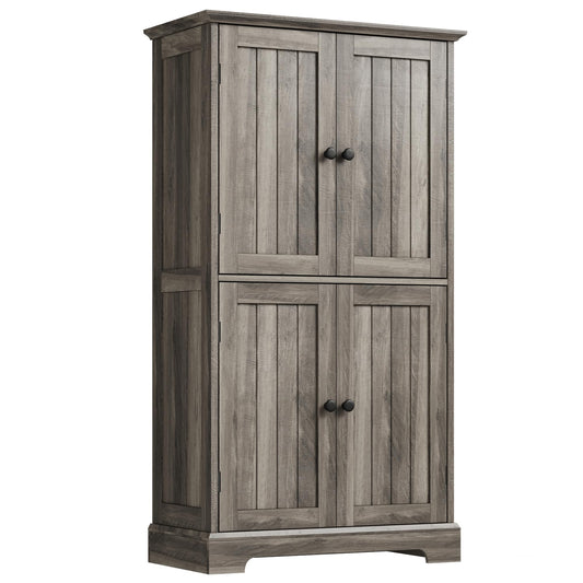 ChooChoo Bathroom Floor Cabinet, Farmhouse Bathroom Storage Cabinet with 4 Doors and Adjustable Shelves, Pantry Cabinet for Living Room, Kitchen, Retro Grey