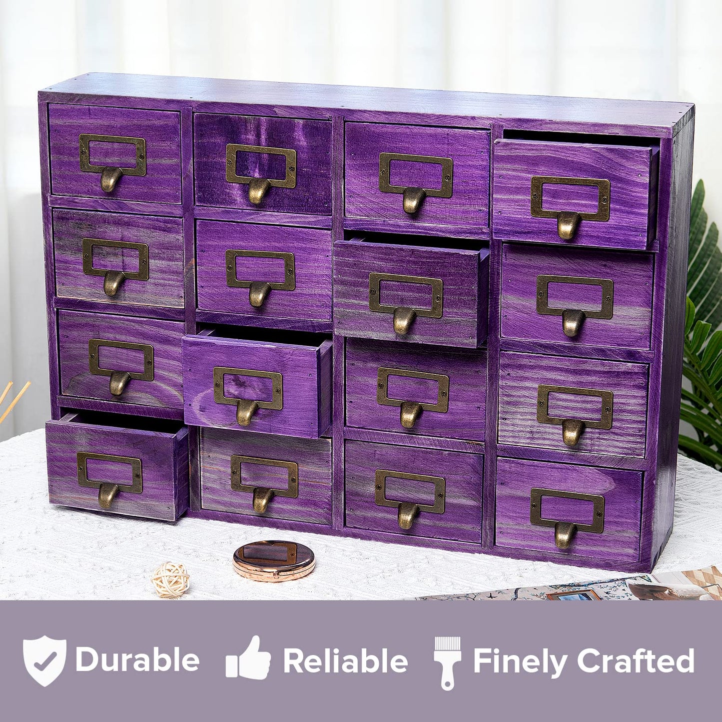 Purple 16-Slot Wooden Drawer Unit - Country Style Desk Organizer Box - 20"x3.6”x14” Wooden Storage Box w/ 16 Drawers - Countertop Drawers w/Label Holder & Handle - Slim 4-Level Organizer