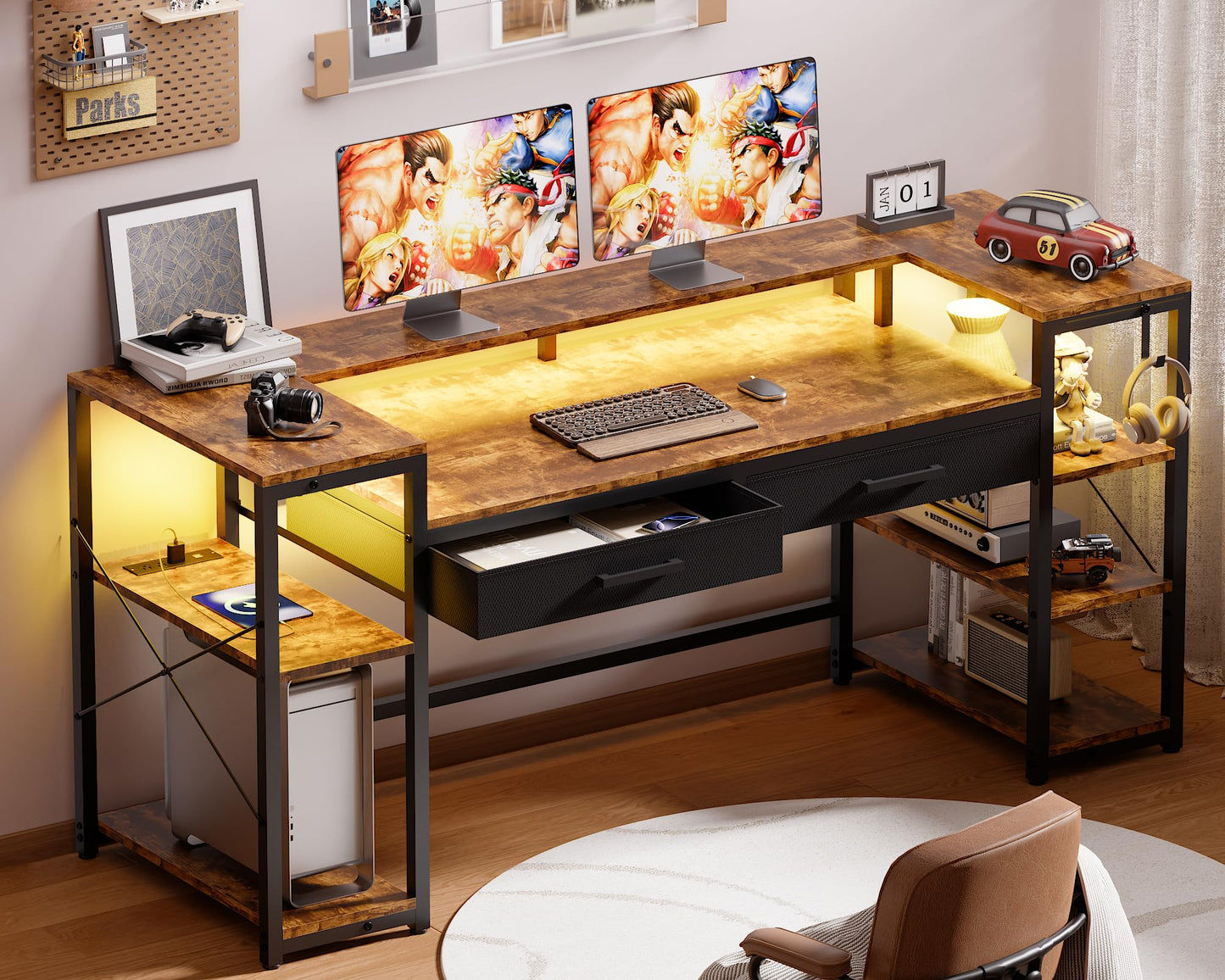 Pamray 58 Inch Computer Desk with Monitor Stand and Shelves Gaming Desk with LED Lights & Power Outlets PC Vanity Table with 2 Drawers for Home Office Vintage