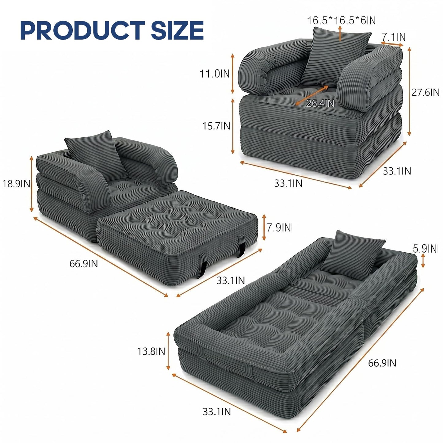 COTOSOF Folding Sofa Bed, Convertible Sleeper Chair with Armrests for Adults, Foldable Corduroy Boneless Bed, 3-in-1 Portable Futon Couch Floor Sofa with Pillow for Bedroom, Living Room, Dark Gray