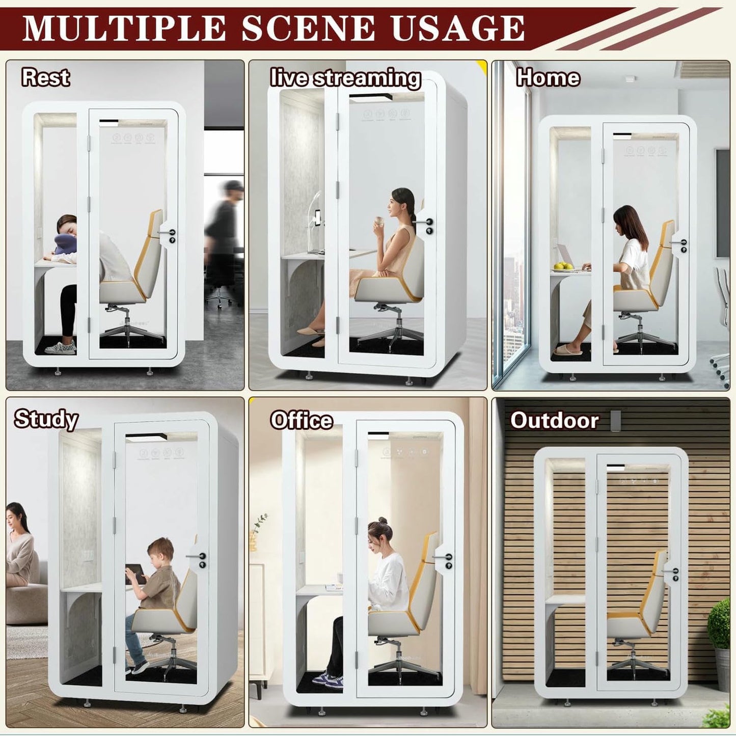 Office Sound Booth with LED Lighting and Desk, Portable Booth Modern Privacy Pod, Modular Privacy Separate Room for Meditation Study, Movable Room for Work