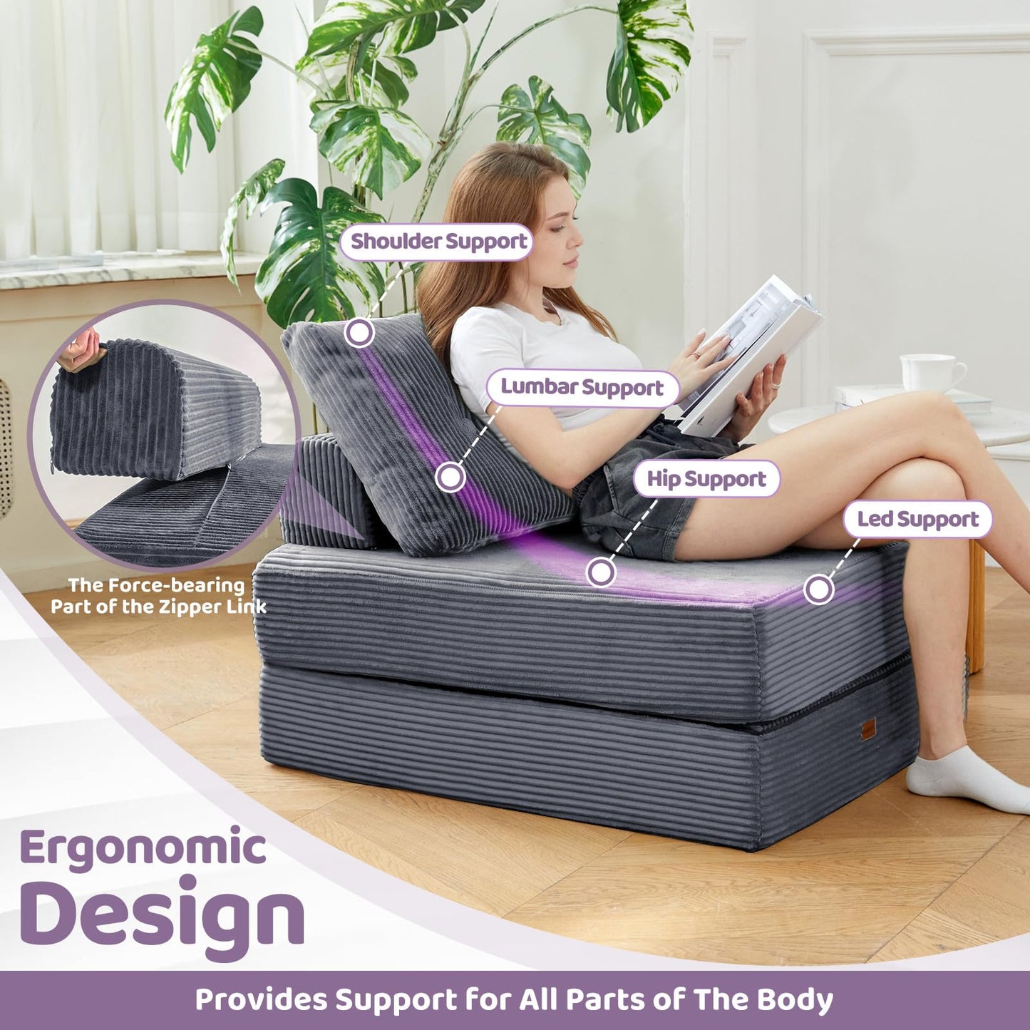 PIASHJOY Folding Chair Bed, Convertible Sofa Bed with Pillows,Fold Out Chair Bed with High-Density Foam,Chair Bed Sleeper for Adults Perfect for Living Room 、Hotel 、Apartment ， Single, Dark Gray