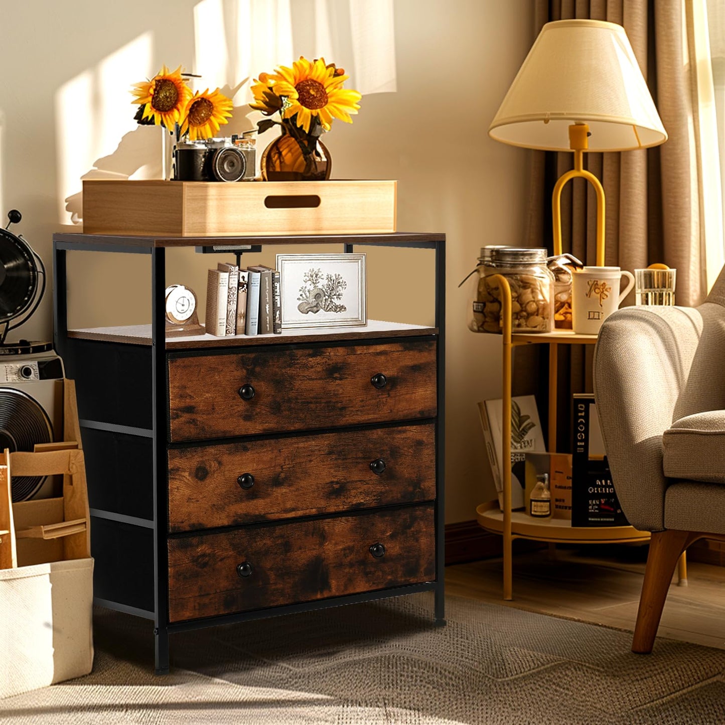 PATAVOT 3 Drawers Dresser with Charging Station, 24 Inch Wide LED Night Stand Set 2 with Adjustable Fabric Drawer, Nightstand with Storage Shelf for Living Room/Bedroom/Office, Rustic Brown.
