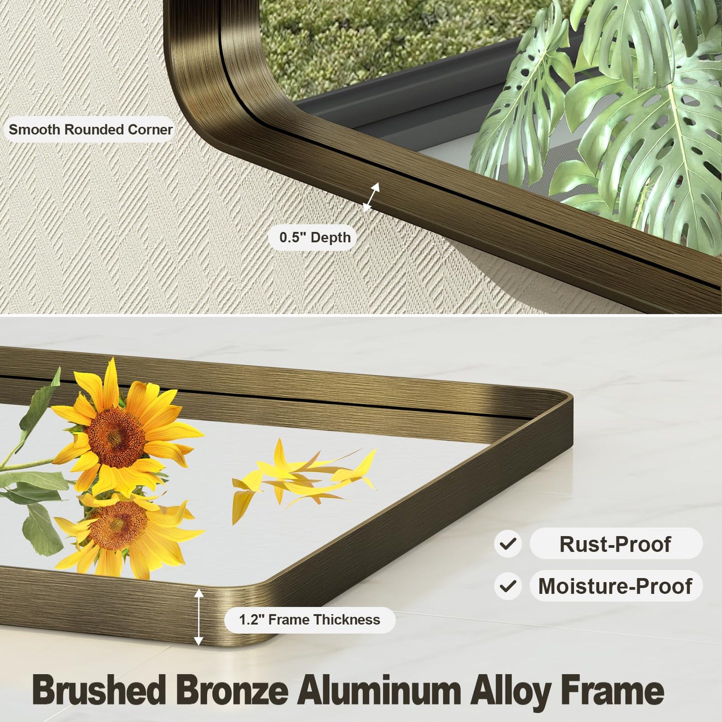 VANLIO 28x36 Inch Bronze Framed Bathroom Mirror, Brushed Bronze Metal Vanity Mirror, Rounded Bronze Rectangle Mirror, Tempered Glass, Anti-Rust, Shatterproof (Horizontal/Vertical)