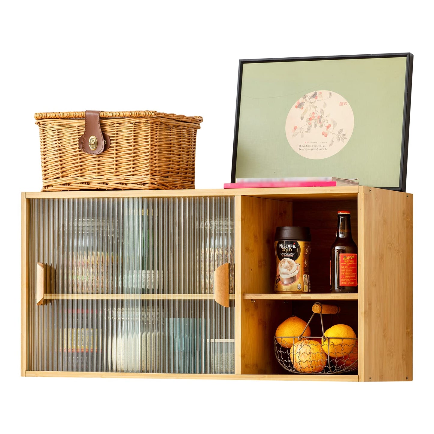HollyHOME Bamboo Wall Mounted Kitchen Pantry Sideboard with 2 Doors and Adjustable Shelves, Freestanding Wall Storage Cabinet with Shelf for Bottle, Dish, Bowl, Console Dining Cupboard, Burlywood