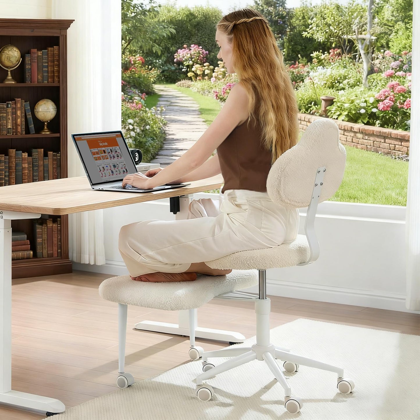 Cross Legged Office Chair with Wheels for ADHD, Ergonomic 360° Swivel Height-Adjustable Meditation Chair for Yoga, Kneeling Chair with 4 inch seat Cushion and Lumbar Support, Teddy Fabric, Off White