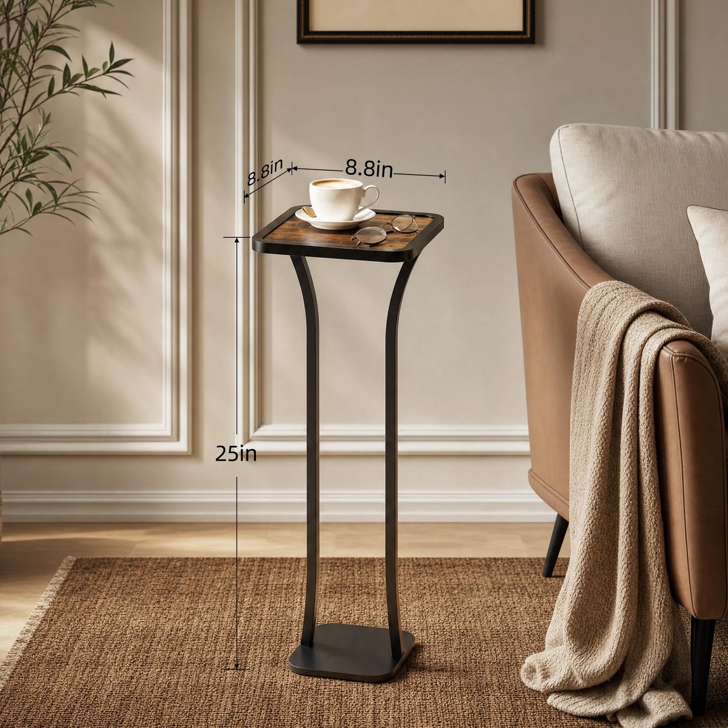 NANAGIFTREE Small Square Side Table, Drink Table with Weighted Base, Solid Wood & Metal Accent Table for Small Spaces, Pedestal End Table for Living Room, Bedroom, Office(Black + Walnut)