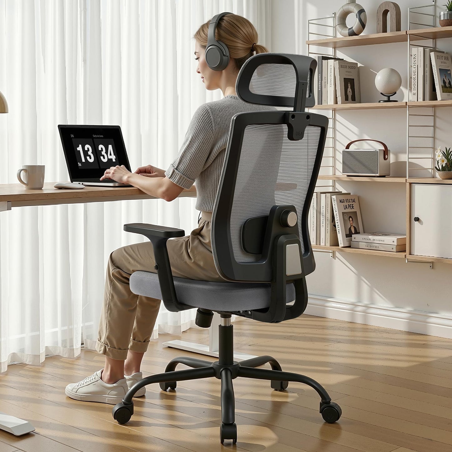 Meilocar Ergonomic Office Chair, Office Desk Chair with High Back Mesh and Adjustable Lumbar Support, Rolling Work Chairs with Wheels and Adjustable Headrests, Wide Cushion, Grey
